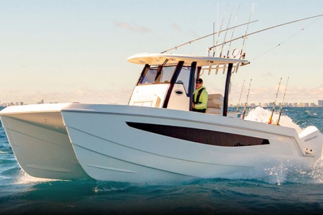 small catamaran with outboard