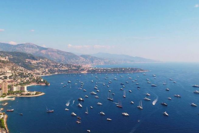 Aerial view of sailboat anchored in the mediterranean sea, Nisi